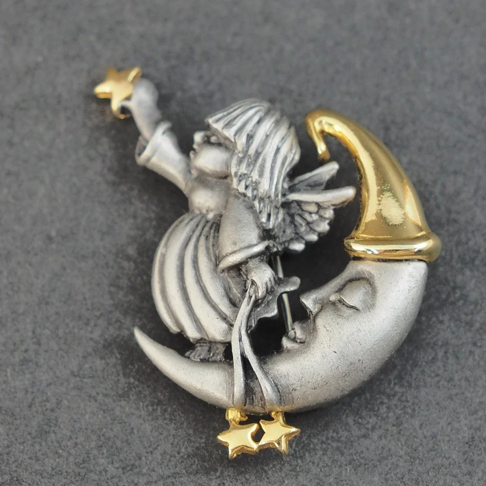 Vintage Daria Brooch Pin Celestial Angel Child Moon Stars Pewter Gold Two Tone